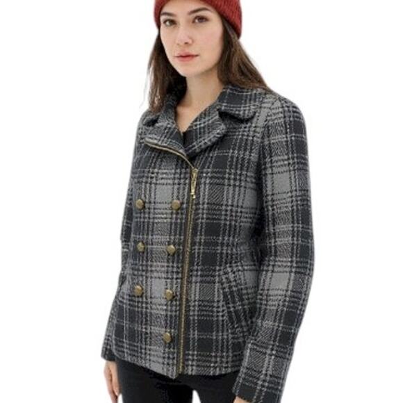 XOXO Faux Double Breasted Asymmetrical zip up Plaid Wool Blend Jacket Coat S - Picture 2 of 14